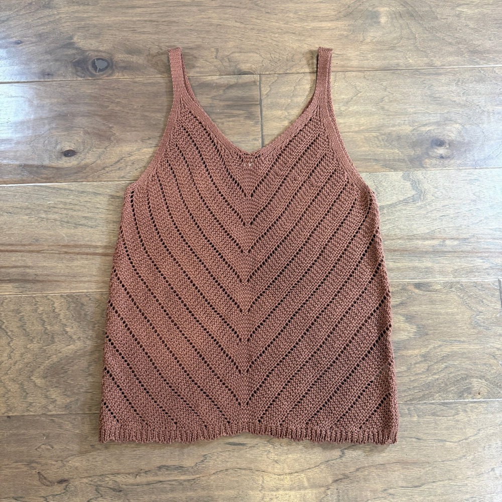 ARDENE Brown Chevron Knit Tank Top S P V Neck Sleeveless Crochet